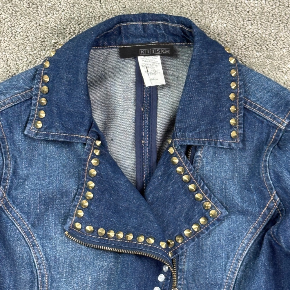Kitsch Denim Jacket Womens Medium Blue Studded Moto Asymmetrical Zip Rocker Y2k